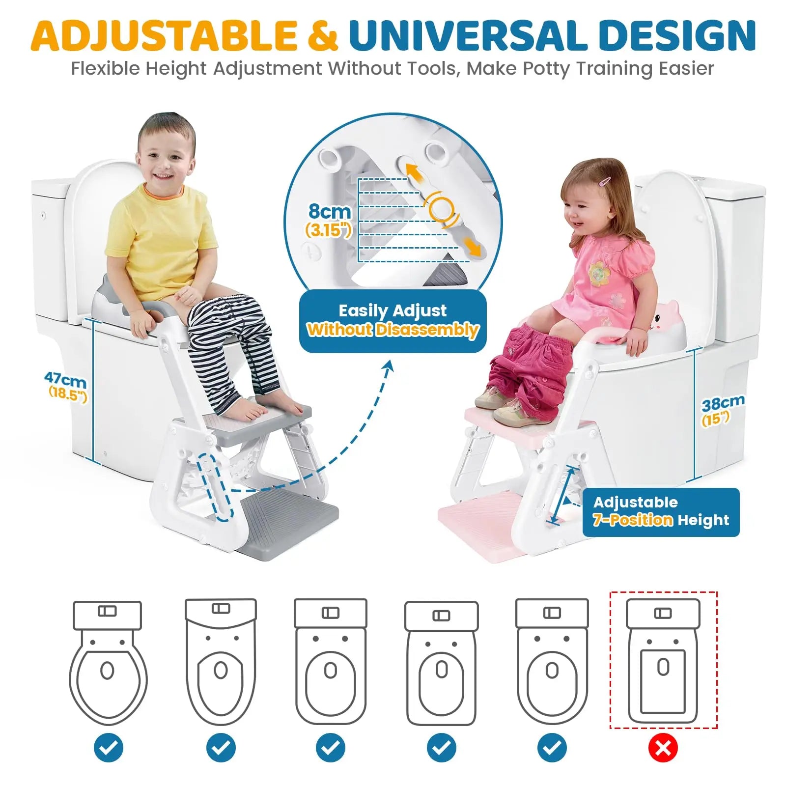 2-IN-1 Potty Training Seat with Step Stool, Height Adjustable Toilet Seat for Toddler, Potty Training with Splash Guard for Kids
